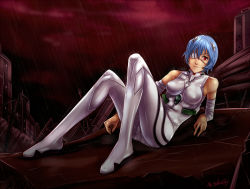 Rule 34 | 1girl, arm support, ayanami rei, bandages, bare shoulders, blue hair, breasts, cleavage, cloudy, cloudy sky, eyepatch, large breasts, legs, long legs, looking at viewer, neon genesis evangelion, night, outdoors, plugsuit, rain, rebuild of evangelion, red eyes, rubble, ruins, sbel02, short hair, signature, solo, thighs