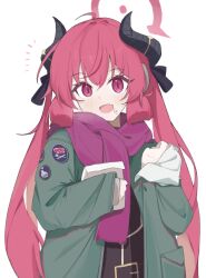 Rule 34 | 1girl, baozi, black horns, blue archive, blush, demon horns, fang, food, free donut, green jacket, hair between eyes, halo, holding, holding food, horns, jacket, junko (blue archive), long hair, long sleeves, open clothes, open jacket, open mouth, red eyes, red hair, red halo, red scarf, scarf, simple background, skin fang, smile, solo, upper body, white background