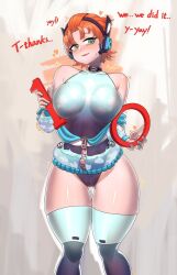 Rule 34 | 1girl, absurdres, aqua nails, blue leotard, breasts, cameltoe, commentary, commission, covered erect nipples, cowboy shot, english commentary, english text, gintm, gluteal fold, green eyes, headset, highres, indie virtual youtuber, jacket, kabooks, large breasts, leotard, milestone celebration, multicolored leotard, nail polish, off shoulder, open clothes, open jacket, orange hair, partially unzipped, plus sign, second-party source, short hair, skin tight, solo, sweatdrop, thank you, thick thighs, thigh gap, thighhighs, thighs, virtual youtuber, white thighhighs, wireless, zipper, zipper pull tab