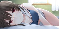 Rule 34 | 10s, 1girl, bare shoulders, black hair, blurry, blush, breasts, choukai (kancolle), colored skin, curtains, depth of field, eyebrows, glasses, heart, heart-shaped pupils, highres, kantai collection, long hair, looking at viewer, lying, navel, on side, pleated skirt, red eyes, rimless eyewear, school uniform, skirt, smile, solo, symbol-shaped pupils, white skin, window, yukichi (sukiyaki39)