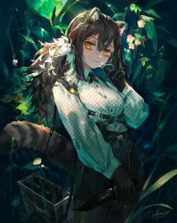 Rule 34 | 1girl, animal ears, animal hands, arknights, blouse, closed mouth, collared shirt, cross tie, freckles, highres, knife, long sleeves, ozadomi, pantyhose, raccoon ears, raccoon girl, raccoon tail, robin (arknights), shirt, shorts, solo, tail, white shirt, yellow eyes