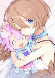 Rule 34 | 1girl, absurdres, bare shoulders, blanc (neptunia), blue eyes, blush, blush stickers, brown hair, buran buta, character doll, coat, commentary request, d-pad, d-pad hair ornament, hugging doll, dress, from side, fur-trimmed coat, fur trim, hair between eyes, hair ornament, highres, looking at viewer, lying, neptune (neptunia), neptune (series), hugging object, on side, one eye closed, purple hair, short hair, solo, spaghetti strap, upper body, white dress