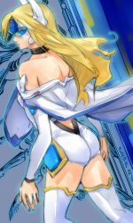 Rule 34 | 1girl, arc system works, ass, back, bare shoulders, blazblue, blonde hair, blue eyes, cape, female focus, headdress, highres, long hair, looking back, mu-12, nail polish, solo, thighhighs