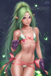 Rule 34 | 1girl, bra, bra lift, breasts, fire emblem, fire emblem awakening, flat chest, gloves, green hair, jewelry, looking at viewer, navel, necklace, nintendo, nowi (fire emblem), panties, pasties, pointy ears, prywinko, purple eyes, small breasts, solo, stomach, underwear