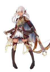 Rule 34 | 1girl, absurdres, belt, boots, bow (weapon), brown footwear, brown gloves, crossbow, dark skin, dark-skinned female, full body, gloves, highres, manoma, phantom of the kill, solo, twintails, weapon, white background, white hair, yellow eyes
