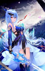 Rule 34 | 1girl, absurdres, armpit crease, black gloves, blue dress, blue hair, blue sleeves, breasts, bug, butterfly, cloud, cloudy sky, cowboy shot, crystal sword, detached sleeves, dress, dutch angle, gloves, half updo, high-low skirt, highres, holding, holding sword, holding weapon, honkai: star rail, honkai (series), ice crystal, insect, jingliu (honkai: star rail), long hair, long sleeves, looking at viewer, medium breasts, night, night sky, nomen, outdoors, parted lips, pink butterfly, pleated skirt, red eyes, sideboob, sidelocks, skirt, sky, solo, strapless, strapless dress, sword, weapon, white skirt