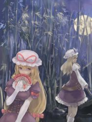 Rule 34 | 2girls, bamboo, bamboo forest, belt, blonde hair, bodice, boots, bow, breasts, covering own mouth, dress, elbow gloves, expressionless, folded fan, folding fan, forest, full moon, gloves, hair bow, hand fan, hat, hat ribbon, juliet sleeves, knee boots, large breasts, long hair, long sleeves, masuchi, mob cap, moon, multiple girls, nature, night, puffy short sleeves, puffy sleeves, purple eyes, ribbon, short sleeves, sideways glance, touhou, very long hair, watatsuki no toyohime, white gloves, yakumo yukari