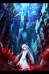 Rule 34 | 1girl, building, dress, fire lily, german text, haru (ryosios), highres, lamppost, letterboxed, light particles, light rays, long hair, original, pink eyes, rain, ryosios, side ponytail, silver hair, skyscraper, smile, solo, sunbeam, sunlight, text focus, translated