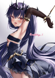 Rule 34 | 1girl, absurdres, armpits, arms behind head, arms up, azur lane, black dress, black gloves, black horns, blush, bound, bound wrists, breasts, crossed bangs, curled horns, dress, elbow gloves, fang, felix schultz (azur lane), frilled dress, frills, from side, gloves, gradient background, hair between eyes, highres, horns, long hair, looking at viewer, looking to the side, makihige, presenting armpit, purple hair, red eyes, revealing clothes, simple background, skin fang, small breasts, solo, tiara, twitter username
