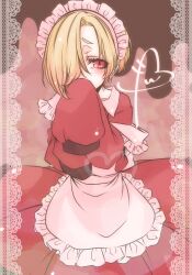 Rule 34 | 1girl, apron, blonde hair, blush, covering own mouth, dress, frilled apron, frills, hair over one eye, hana kaido, highres, idolmaster, idolmaster cinderella girls, looking at viewer, maid, maid apron, maid headdress, red dress, red eyes, shirasaka koume, short hair, sleeves past fingers, sleeves past wrists, solo, valentine, white apron