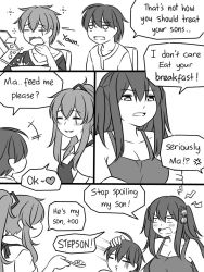 Rule 34 | +++, 2boys, 2girls, anger vein, apron, bare shoulders, bell, blush, breasts, cereal, cereal box, chair, cleavage, closed eyes, collarbone, collared shirt, comic, commentary, crossover, english commentary, girls&#039; frontline, greyscale, guin guin, hair bell, hair between eyes, hair ornament, high ponytail, jingle bell, kantai collection, lightning bolt symbol, medium breasts, monochrome, mother and son, multiple boys, multiple girls, o3o, on chair, open mouth, original, parted lips, ponytail, scar, scar across eye, scar on face, sendai (kancolle), shirt, short sleeves, sitting, smile, squeans, tank top, two side up, ump45 (girls&#039; frontline), v-shaped eyebrows, yawning