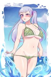Rule 34 | 1girl, bikini, black clover, blush, breasts, clothing aside, grey hair, highres, hito clover, large breasts, looking at viewer, noelle silva, panties, panties aside, pubic hair, pubic hair peek, purple eyes, swimsuit, tan, tanline, thick thighs, thighs, underwear, water