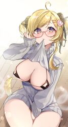 Rule 34 | 1girl, absurdres, ahoge, animal ears, bespectacled, bikini, black bikini, blonde hair, blush, breasts, clothes, clothes lift, curled horns, dress, glasses, hair ornament, hairclip, heart, highres, hololive, horns, large breasts, lifted by self, long hair, micro bikini, mouth hold, nyas0123, ornament, red-framed eyewear, sheep ears, sheep girl, sheep horns, sheep tail, sitting, solo, sweater, sweater dress, sweater lift, swimsuit, tail, thighs, tsunomaki watame, virtual youtuber