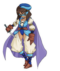 Rule 34 | 1990s (style), 1girl, blue mage (final fantasy), boots, brown eyes, brown hair, cape, class change, dark-skinned female, dark skin, domino mask, female focus, final fantasy, final fantasy tactics, final fantasy v, full body, gloves, hat, knife, mask, mystic knight, rapha galthena, retro artstyle, short hair, simple background, solo, tun, white background