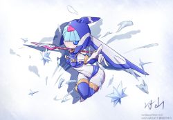 Rule 34 | 1girl, android, bingshan, blue eyes, blush, breasts, commentary request, full body, helmet, holding, holding weapon, ice, fairy leviathan (mega man), mega man (series), mega man zero (series), pointing, pointing at viewer, polearm, signature, simple background, skin tight, small breasts, smile, solo, spear, thighhighs, twitter username, water, weapon, weibo watermark