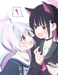 Rule 34 | !, 2girls, absurdres, ahoge, animal ears, black choker, black hair, black jacket, black neckerchief, blue archive, blush, cat ears, cellphone, choker, colored inner hair, fang, green sailor collar, grey serafuku, hair ornament, hairclip, halo, highres, holding, holding phone, hood, hooded jacket, jacket, kazusa (blue archive), long hair, long sleeves, mesushio, multicolored hair, multiple girls, neckerchief, open clothes, open jacket, open mouth, phone, pink hair, pink halo, purple eyes, purple hair, red eyes, reisa (blue archive), sailor collar, school uniform, serafuku, short hair, simple background, smartphone, smile, spoken exclamation mark, twintails, white background, white sailor collar
