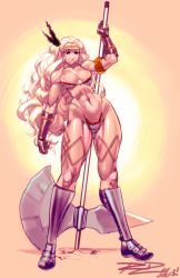 Rule 34 | 1girl, abs, amazon (dragon&#039;s crown), armlet, armor, bad id, bad tumblr id, bikini, bikini armor, blonde hair, boots, breasts, circlet, contrapposto, dragon&#039;s crown, feathers, gloves, greaves, halberd, highleg, highleg bikini, highleg swimsuit, highres, huge weapon, large breasts, long hair, long legs, muscular, muscular female, navel, over shoulder, polearm, red eyes, robaato, solo, standing, swimsuit, tattoo, thick thighs, thighs, wavy hair, weapon, weapon over shoulder, wide hips