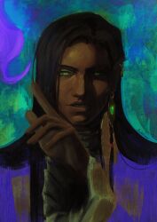 Rule 34 | 1boy, abstract background, asturlavi, brown hair, castlevania (series), castlevania: nocturne, dark-skinned male, dark skin, earrings, green eyes, hand up, high collar, highres, index finger raised, jewelry, long hair, looking at viewer, male focus, olrox, painterly, parted lips, pointy ears, single earring, slit pupils, solo, straight-on, thick lips, upper body