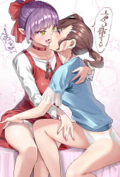 Rule 34 | 2girls, bow, brown hair, choker, commentary request, dress, closed eyes, french kiss, gegege no kitarou, hair bow, hair ornament, hairclip, inuyama mana, kiss, multiple girls, nail polish, nekomusume, nekomusume (gegege no kitarou 6), open mouth, panties, pointy ears, ponytail, purple hair, red bow, red choker, red dress, red nails, revision, shiratama (monster1553), short hair, short ponytail, sitting, speech bubble, star (symbol), starry background, translation request, underwear, white panties, yellow eyes, yuri