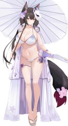 Rule 34 | 1girl, absurdres, animal ear fluff, animal ears, bare arms, bare legs, bead bracelet, beads, bikini, blue archive, blush, bracelet, breasts, brown eyes, brown hair, cleavage, collarbone, floral print, flower, fox ears, fox mask, fox tail, full body, groin, gun, hair flower, hair ornament, highres, holding, holding gun, holding weapon, jewelry, kuyoumi, large breasts, legs, long hair, looking at viewer, mask, mask on head, multicolored hair, nail polish, navel, oil-paper umbrella, parasol, purple nails, sandals, simple background, smile, solo, standing, stomach, streaked hair, string bikini, swimsuit, tail, tail flower, tail ornament, thigh strap, thighs, umbrella, wakamo (blue archive), wakamo (swimsuit) (blue archive), weapon, white background, white bikini