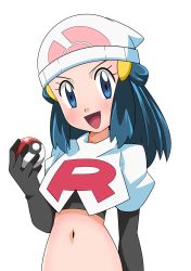 Rule 34 | 1girl, :d, alternate costume, beanie, black gloves, blue eyes, blue hair, blush, commentary request, creatures (company), cropped jacket, dawn (pokemon), elbow gloves, eyelashes, game freak, gloves, hainchu, hair ornament, hairclip, hand up, hat, highres, holding, holding poke ball, jacket, long hair, looking at viewer, midriff, navel, nintendo, open mouth, poke ball, poke ball (basic), pokemon, pokemon (anime), pokemon dppt (anime), simple background, smile, solo, team rocket, team rocket uniform, tongue, white background, white hat, white jacket