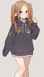 Rule 34 | 1girl, abigail williams (fate), backpack, bag, black sweater, blonde hair, blue eyes, blush, breasts, fate/grand order, fate (series), forehead, grey background, hood, hooded sweater, kopaka (karda nui), long hair, long sleeves, looking at viewer, open mouth, parted bangs, sidelocks, small breasts, solo, sweater, thighs, twintails