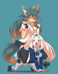 Rule 34 | 2girls, all fours, animal ear fluff, animal ears, blush, breasts, femdom, kuromiya, long hair, multiple girls, open mouth, original, pet play, riding, sitting, sitting on person, skirt, tail, thighhighs, very long hair