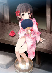 Rule 34 | 1girl, absurdres, barefoot, blush, bow, brown eyes, brown hair, bucket, dripping, feet, floral print, groin, hair bow, hand fan, head tilt, highres, holding, japanese clothes, kimono, legs together, looking at viewer, mousou (mousou temporary), no panties, obi, original, paper fan, parted lips, pink kimono, sash, sidelocks, sitting, soaking feet, solo, tatami, thigh gap, uchiwa, veranda, water, wide sleeves, wooden bucket, wooden floor, yukata