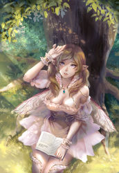 Rule 34 | 1girl, amulet, bare shoulders, book, bracelet, breasts, cleavage, collar, commentary, commission, detached collar, detached sleeves, do myzu, dress, english commentary, fairy, fairy wings, frilled bracelet, frilled collar, frilled dress, frilled sleeves, frills, from above, grass, hair over breasts, hair over shoulder, hand up, holding, holding book, jewelry, large breasts, leaf, light rays, long hair, looking up, nature, on ground, original, outdoors, parted lips, pendant, pink collar, pink dress, pink thighhighs, plant roots, pointy ears, puffy detached sleeves, puffy sleeves, purple eyes, reading, shade, shadow, short dress, sideboob, sidelocks, sitting, solo, sunbeam, sunlight, teeth, thighhighs, tree, upper teeth only, wings, zettai ryouiki