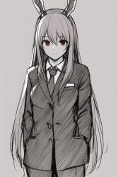 Rule 34 | 1girl, animal ears, blazer, closed mouth, collared shirt, commentary, gorigennnu232, hands in pockets, jacket, long hair, long sleeves, looking at viewer, necktie, pants, rabbit ears, rabbit girl, red eyes, reisen udongein inaba, shirt, simple background, smile, solo, touhou
