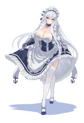 Rule 34 | absurdres, apron, azur lane, belfast (azur lane), braid, breasts, broken, broken chain, chain, cleavage, french braid, frilled apron, frilled gloves, frills, gloves, hey taisyou, highres, large breasts, long hair, low neckline, maid, maid apron, maid headdress, thighhighs, white hair, white thighhighs