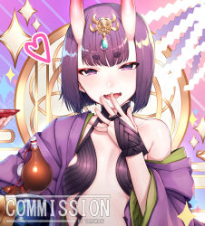 Rule 34 | 1girl, absurdres, bare shoulders, blush, bob cut, breasts, bridal gauntlets, collarbone, commission, cup, english text, eyeliner, fangs, fate/grand order, fate (series), gourd, half-closed eyes, hand to own mouth, headpiece, highres, horns, japanese clothes, kimono, long sleeves, looking at viewer, makeup, off shoulder, oni, open clothes, open kimono, open mouth, purple eyes, purple hair, purple kimono, revealing clothes, sakazuki, shide, short eyebrows, short hair, shuten douji (fate), skin-covered horns, small breasts, smile, solo, sparkle, thick eyebrows, wide sleeves, yakimi 27