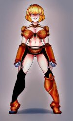 Rule 34 | 1girl, absurdres, armor, blonde hair, breasts, clementine (overlord), full body, garter belt, highres, midriff, overlord (maruyama), red eyes, smile, smug, solo