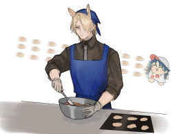 Rule 34 | 2boys, :d, ^ ^, animal ears, apron, arknights, barefoot, baseball cap, black shirt, blonde hair, blue apron, blue hair, blush stickers, chibi, closed eyes, closed mouth, collared shirt, conviction (arknights), gloves, grey gloves, grey headwear, grey necktie, hair over one eye, hat, head scarf, highres, horse ears, long sleeves, male focus, mixing bowl, mlynar (arknights), multiple boys, necktie, open mouth, rapid punches, senjou no pentsu, shirt, simple background, sketch, smile, solo focus, spatula, upper body, v-shaped eyebrows, white background, white shirt