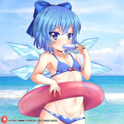 Rule 34 | 1girl, bikini, blue bikini, blue bow, blue eyes, blue hair, blue sky, bow, cirno, cloud, commentary, cowboy shot, english commentary, flat chest, food, food in mouth, hair bow, highres, holding, holding food, horizon, innertube, looking at viewer, navel, outdoors, patreon username, popsicle, popsicle in mouth, short hair, sky, solo, stomach, swim ring, swimsuit, touhou, unholysoul