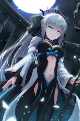 Rule 34 | 1girl, absurdres, black bow, black dress, black thighhighs, blue eyes, blue nails, bow, braid, breasts, cleavage, closed mouth, clothing cutout, commentary request, detached sleeves, dress, fate/grand order, fate (series), fingernails, french braid, grey hair, hair bow, highres, holding, holding staff, holding weapon, long hair, looking at viewer, lucky ckm, medium breasts, moon, morgan le fay (fate), nail polish, navel, night, pelvic curtain, ponytail, pubic tattoo, solo, spikes, staff, stomach, stomach cutout, tattoo, thighhighs, tiara, two-tone dress, very long hair, weapon, white dress, white sleeves, wide sleeves