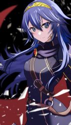 Rule 34 | 1girl, absurdres, armor, belt, black background, blue cape, blue eyes, blue hair, blue sweater, brown belt, cape, closed mouth, commentary request, fire emblem, fire emblem awakening, floating hair, hair between eyes, highres, long hair, looking at viewer, lucina (fire emblem), mu tu bu, nintendo, pauldrons, red cape, shoulder armor, simple background, smile, solo, sweater, tiara, turtleneck, turtleneck sweater, two-tone cape