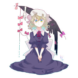 Rule 34 | 1girl, :|, blue eyes, bow, closed mouth, collared dress, commentary request, dress, full body, gap (touhou), hair between eyes, hat, highres, katari, looking at viewer, maribel hearn, mob cap, multicolored eyes, neck ribbon, own hands together, pink bow, puffy short sleeves, puffy sleeves, purple dress, purple eyes, red ribbon, ribbon, seiza, short hair, short sleeves, signature, sitting, solo, touhou, waist bow, white bow, white hat, yellow eyes
