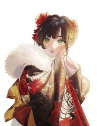 Rule 34 | 1girl, absurdres, brown hair, check copyright, chinese commentary, commentary request, copyright request, floral print, flower, fur-trimmed kimono, fur trim, green eyes, hair flower, hair ornament, hands up, highres, japanese clothes, kimono, long sleeves, looking at viewer, nay akane, open mouth, original, own hands together, print kimono, red flower, short hair, simple background, solo, upper body, white background