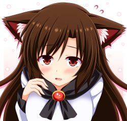 Rule 34 | 1girl, animal ear fluff, animal ears, blush, brown hair, fang, gradient background, hair between eyes, imaizumi kagerou, long hair, looking at viewer, nagana sayui, open mouth, outside border, pink background, red eyes, solo, touhou, upper body, white background, wolf ears