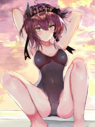 Rule 34 | 1girl, anchor symbol, arm behind head, black one-piece swimsuit, brown hair, clothes writing, commentary request, competition swimsuit, eriyama e, feet out of frame, hachimaki, hair flaps, hatsuzuki (kancolle), headband, highres, impossible clothes, impossible swimsuit, kantai collection, looking at viewer, one-piece swimsuit, short hair, sitting, solo, sunset, swimsuit, yellow eyes