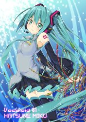 Rule 34 | 1girl, audio jack, bad id, bad pixiv id, black thighhighs, cable, character name, copyright name, detached sleeves, green eyes, green hair, hair ornament, hatsune miku, headset, long hair, looking at viewer, matching hair/eyes, necktie, pleated skirt, rca connector, skirt, smile, solo, thighhighs, twintails, umino tomo, vocaloid, zettai ryouiki