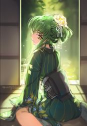 Rule 34 | 1girl, alternate hairstyle, arm support, c.c., code geass, creayus, doorway, dress, flower, green dress, green hair, hair flower, hair ornament, japanese clothes, kanzashi, kimono, light particles, light smile, long hair, long sleeves, looking at viewer, looking back, nape, obi, pinstripe pattern, sash, signature, sitting, solo, striped, tabi, tatami, twitter username, wariza, wide sleeves, yellow eyes