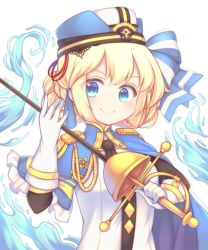 Rule 34 | &gt;:), 1girl, azur lane, black neckwear, blonde hair, blue cape, blue eyes, bow, cape, closed mouth, commentary request, elbow gloves, gloves, hair bow, hardy (azur lane), hat, holding, holding sword, holding weapon, long sleeves, looking at viewer, saber (weapon), sakurato ototo shizuku, shirt, simple background, smile, solo, sword, upper body, v-shaped eyebrows, water, weapon, white background, white gloves, white hat, white shirt