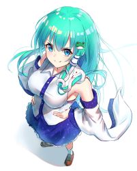 Rule 34 | 1girl, blue eyes, blue skirt, breasts, brown footwear, collarbone, collared shirt, detached sleeves, frog hair ornament, from above, full body, green hair, hair between eyes, hair ornament, hair tubes, hands on own hips, highres, juliet sleeves, kochiya sanae, large breasts, long hair, long skirt, long sleeves, looking at viewer, looking up, nontraditional miko, puffy sleeves, shadow, shirt, skirt, sleeveless, sleeveless shirt, smile, snake hair ornament, solo, teraguchi, touhou, white shirt, wide sleeves