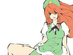 Rule 34 | 1girl, braid, breasts, female focus, flat color, green eyes, hat, hong meiling, long hair, melonpan (artist), red hair, simple background, skirt, solo, touhou, white background