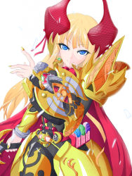 Rule 34 | 1girl, armor, blonde hair, blue eyes, bohi yamage, gold armor, highres, holding, holding sword, holding weapon, kamen rider, kamen rider kiva, kamen rider kiva (series), personification, rider-tan, solo, sword, weapon