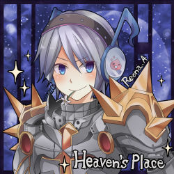 Rule 34 | 1girl, armor, blue eyes, breastplate, closed mouth, commentary request, eyes visible through hair, flower, flower in mouth, grey hair, hair between eyes, headphones, looking at viewer, lowres, male focus, musical note, pauldrons, poring, ragnarok online, reona amane, rune knight (ragnarok online), short hair, shoulder armor, signature, smile, solo, sparkle, spiked pauldrons, upper body, white flower