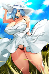 Rule 34 | 1girl, arm at side, black panties, blue eyes, blue hair, blue sky, breasts, cleavage, commentary, commission, day, dress, english commentary, field, grass, gurimjang, hair over one eye, hat, highres, huge breasts, lace, lace panties, medium hair, mole, mole on breast, mole under mouth, multiple moles, original, outdoors, panties, pantyshot, sky, smile, solo, sun hat, sundress, thick thighs, thighs, underwear, white dress, white hat, wind, wind lift