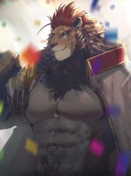 Rule 34 | 1boy, abs, absurdres, another eidos-r, bad id, bad twitter id, bara, bare pectorals, bashkar (another eidos), beard, brown hair, eyebrow cut, facial hair, furry, furry male, highres, jacket, jacket on shoulders, large pectorals, lion boy, looking at viewer, male focus, muscular, muscular male, navel, neumo, nipples, pectorals, scar, scar across eye, scar on face, short hair, smile, solo, stomach